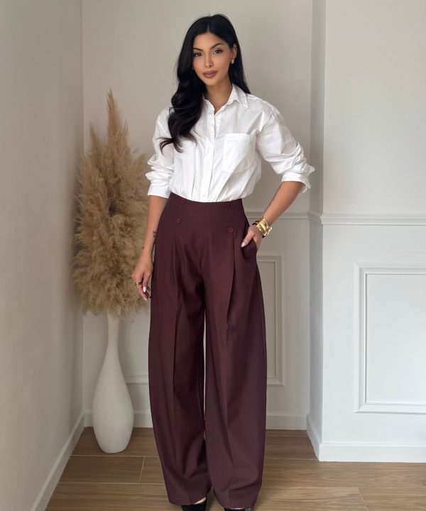 Pantalon Large Taille Haute – Élégance Chic & Confort Absolu – Bordeaux