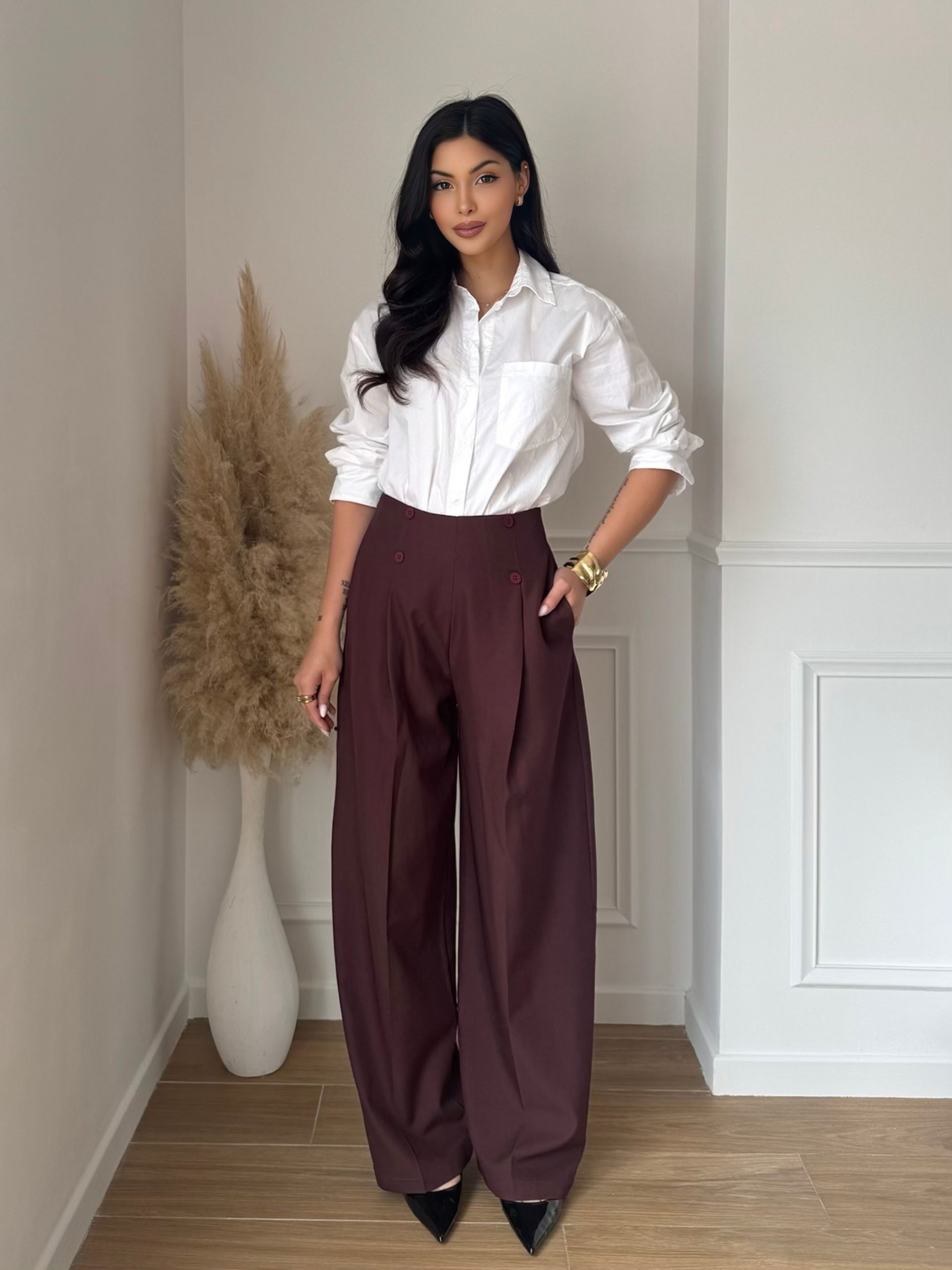 Pantalon Large Taille Haute – Élégance Chic & Confort Absolu – Bordeaux