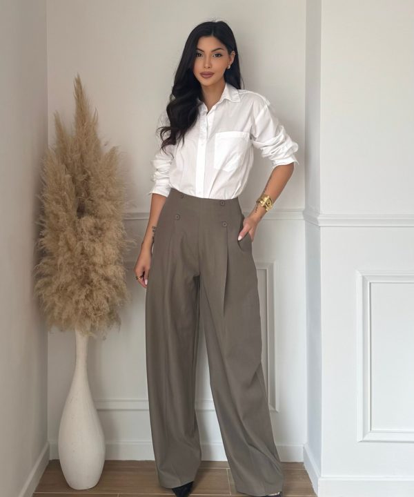 Pantalon Large Taille Haute – Élégance Chic & Confort Absolu – Taupe