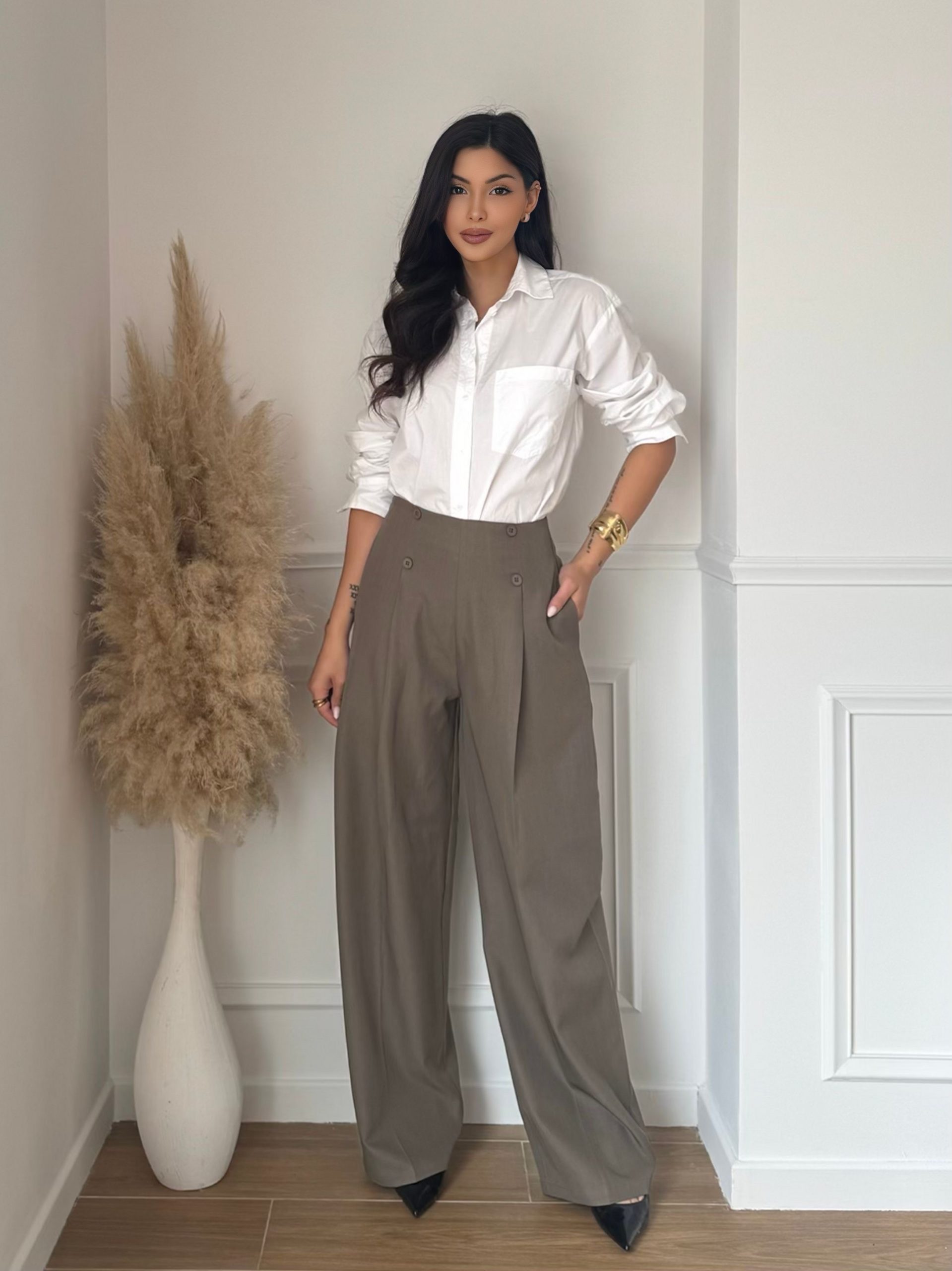 Pantalon Large Taille Haute – Élégance Chic & Confort Absolu – Taupe