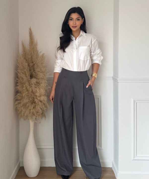Pantalon Large Taille Haute – Élégance Chic & Confort Absolu – Gris