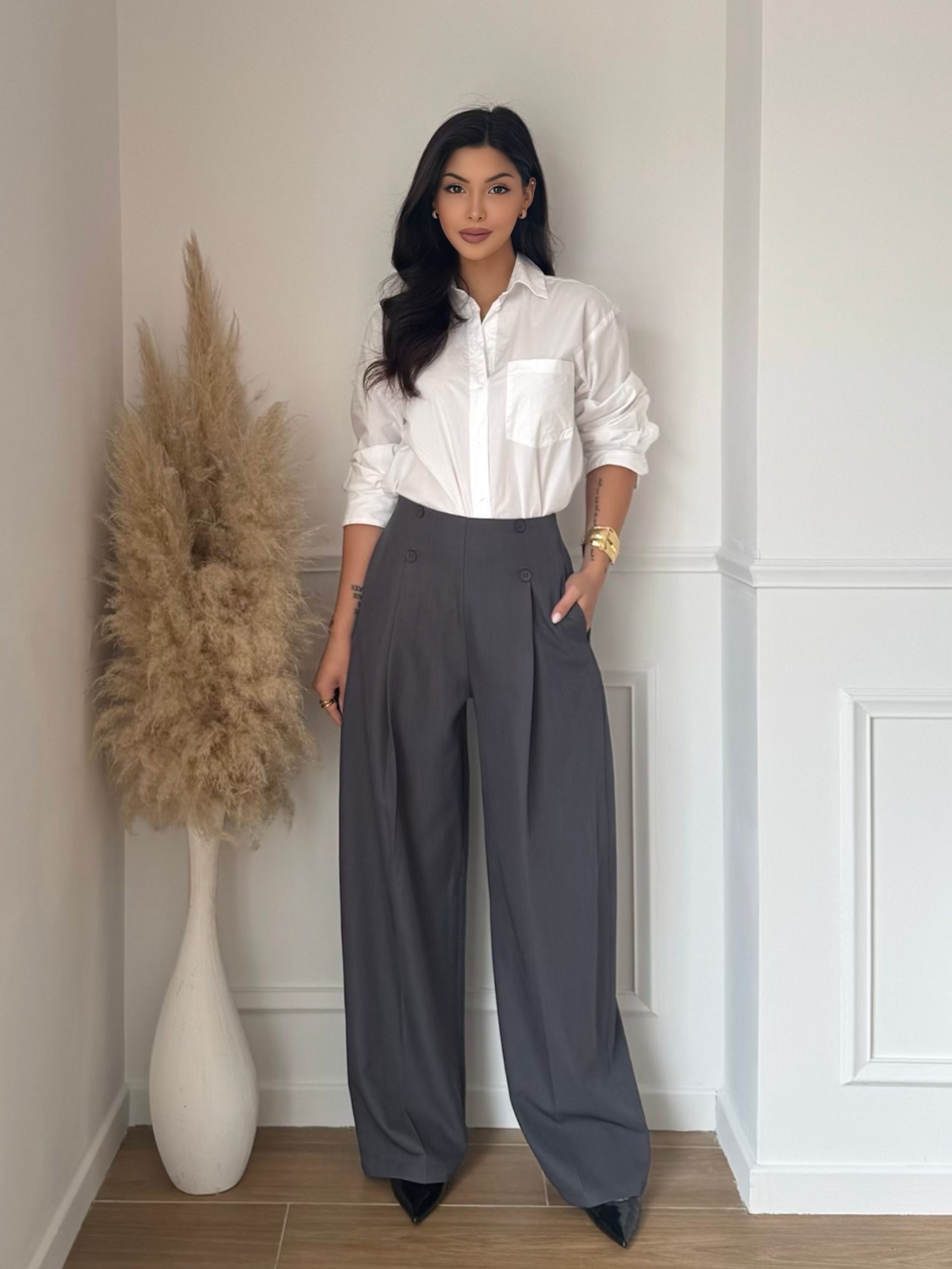 Pantalon Large Taille Haute – Élégance Chic & Confort Absolu – Gris